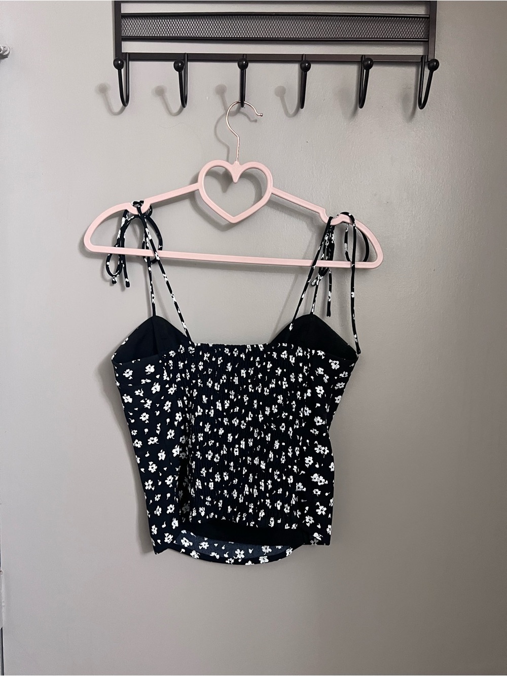 Black Floral Tie-Strap Smocked Tank Top